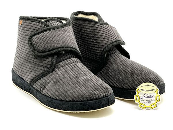 Zapatilla La Cadena bota pana lana ancho especial gris 39/46 velcro piso 2cm aislante