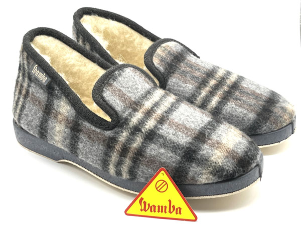 Zapatilla Wamba paño jaspeado cuadros gris 39/46 forro lana piso flex